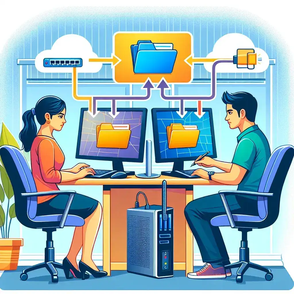 "Step-by-step guide on setting up shared folders on a local network, featuring a computer screen displaying folder sharing options and network configuration settings."