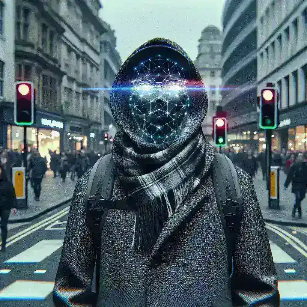 "Anti-surveillance clothing designed to confuse facial recognition systems, showcasing innovative patterns and materials in a public space setting."