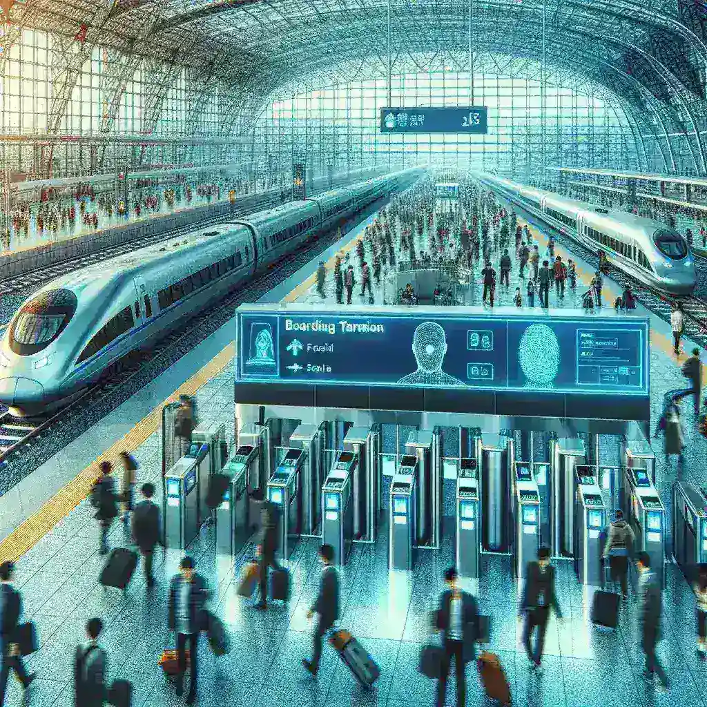 "Amtrak train station with passengers using biometric boarding technology in the Northeast Corridor, showcasing innovative travel solutions for enhanced efficiency and security."